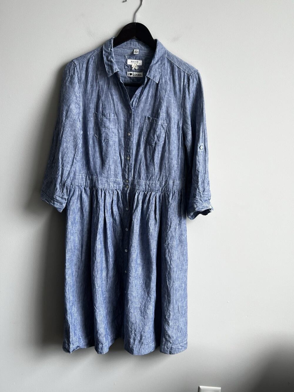Malvin Womens Large Dress Blue Striped 3/4 Sleeve Shirt Dress I Love Linen